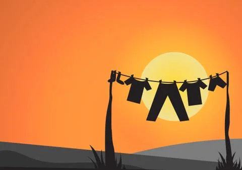 Vector : Clothes and line with sun before sunset Stock Illustration