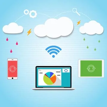 Vector cloud computing to your smartphone, laptop and tablet connected through Illustrazione stock