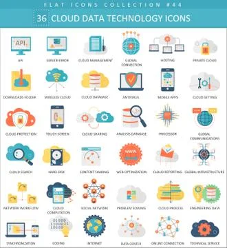Vector Cloud data technology color flat icon set. Elegant style design. Stock Illustration