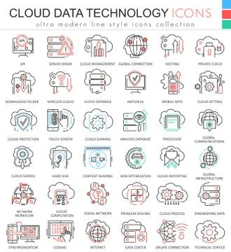 Vector Cloud data technology database ultra modern color outline line icons for Stock Illustration