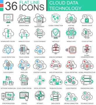 Vector Cloud data technology ultra modern color outline line icons for apps and Stock Illustration