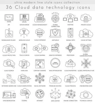 Vector Cloud data technology ultra modern outline line icons for web and apps. 스톡 일러스트