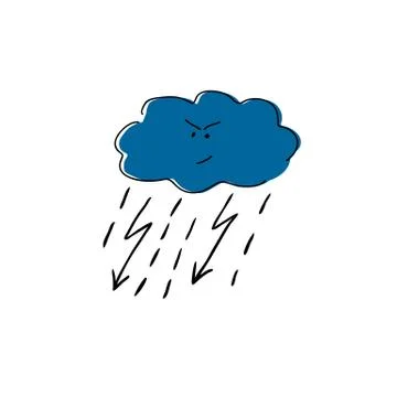 Vector cloud with lightning and rain, cartoon character Stock Illustration
