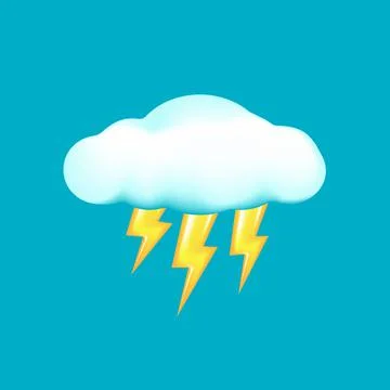 Vector cloud with lightning bolt isolated on turquoise background. Rainy spring Stock Illustration