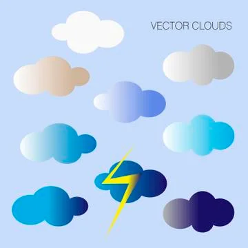 Vector Clouds of different shapes and colors. Cartoon Cloud with lightning. Stock Illustration