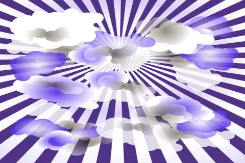 Vector clouds on purple and white rays background Stock Illustration