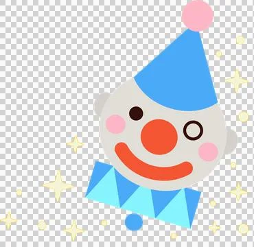 Vector clown is wearing blue pompom hat, ruff, red nose, yellow sparkles on Stockillustratie