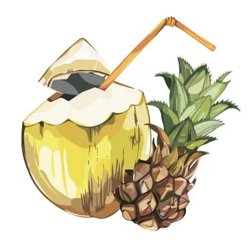 Vector coconut hand drawn sketch with Pineapple fruit. Watercolor vector Stock Illustration