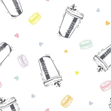 Vector Coffee and Macaron Love with colorful Hearts seamless pattern background Stock Illustration