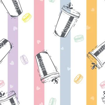 Vector Coffee and Macaron Love with Stripes seamless pattern background. Perfect Stock Illustration