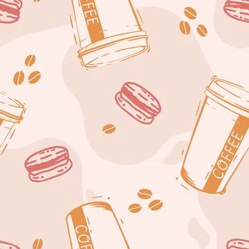 Vector Coffee and Macaron Takeaway Drawing in Pink and Orange seamless pattern Stock Illustration