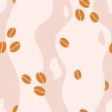 Vector Coffee Beans with Wavy Loose Stripes in Pink and Orange seamless pattern Stock Illustration
