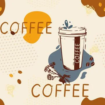 Vector Coffee Cup Drawing with Abstract Shapes in Retro Colors seamless pattern Stock Illustration