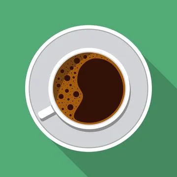 Vector coffee cup with saucer and long shadow on green background Stock Illustration