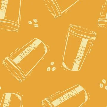 Vector Coffee Cups and Beans Drawing in Retro Orange seamless pattern background Stock Illustration