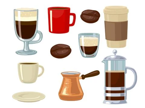 Vector coffee flat icon set isolated on white background. Stock Illustration