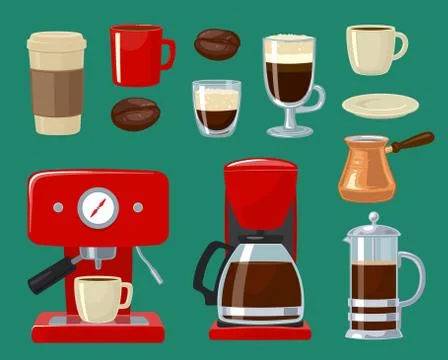Vector coffee flat icon set isolated on white background. Illustrazione stock
