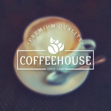 Vector coffee house logos on blurred background. Illustrazione stock