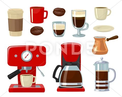 Vector coffee icon set isolated on white background. Coffee maker, take away, Stock Illustration