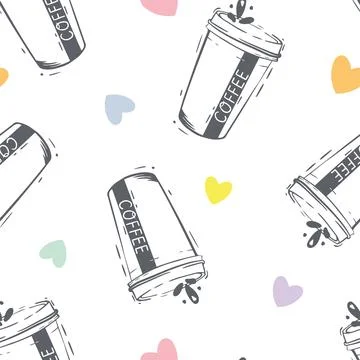 Vector Coffee Love Cups Line art with colorful Hearts seamless pattern Stock Illustration