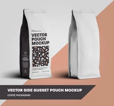 Vector coffee pouch gusset mockup, white packaging set and with design. Stock Illustration