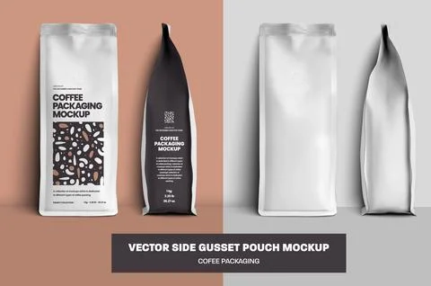 Vector coffee pouch gusset mockup with degassing valve, side, front view, w.. Stock Illustration