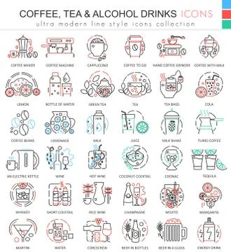 Vector coffee tea alcohol drinks color line outline icons for apps and web Stockillustratie