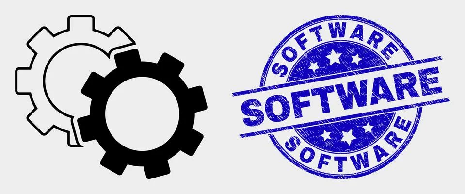 Vector Cogs Icon and Distress Software Seal Stock Illustration