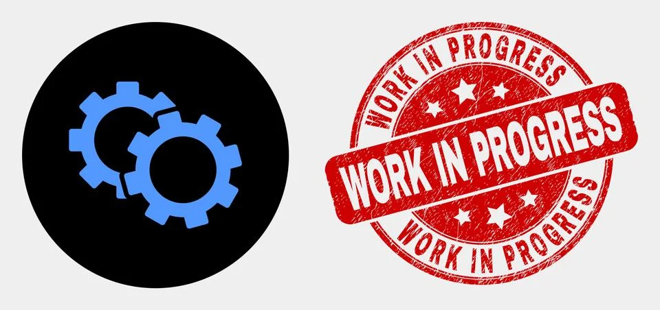 Vector Cogs Icon and Grunge Work in Progress Watermark Illustrazione stock