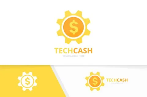 Vector coin and gear logo combination. Money and mechanic symbol or icon. Unique Stock Illustration