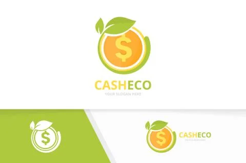 Vector coin and leaf logo combination. Money and eco symbol or icon. Unique cash Stock Illustration