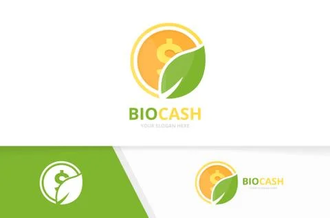 Vector coin and leaf logo combination. Money and eco symbol or icon. Unique cash Stock Illustration