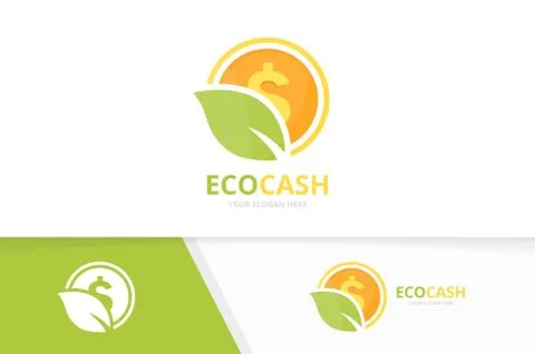 Vector coin and leaf logo combination. Money and eco symbol or icon. Unique cash Stock Illustration