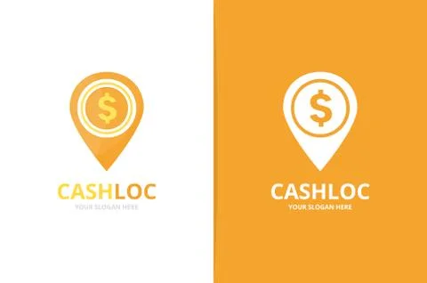 Vector coin and map pointer logo combination. Money and gps locator symbol or Stock Illustration