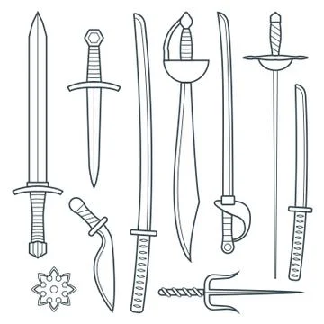 Vector cold weapons outline set. Stock Illustration