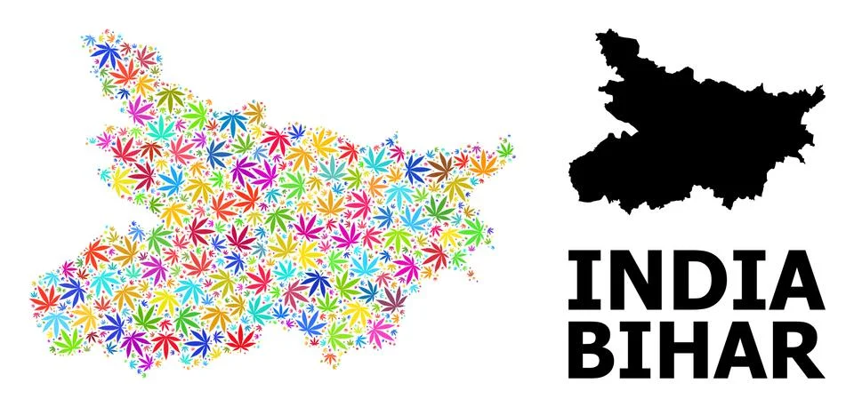 Vector Collage Map of Bihar State of Colored Cannabis Leaves and Solid Map Stock Illustration