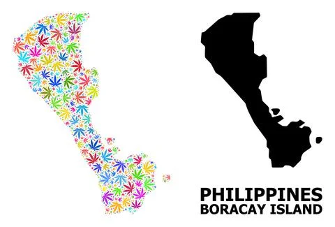 Vector Collage Map of Boracay Island of Colorful Weed Leaves and Solid Map Stock Illustration