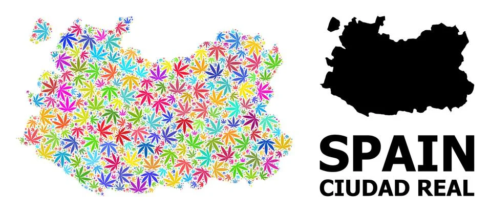 Vector Collage Map of Ciudad Real Province of Colorful Hemp Leaves and Solid Map Stock Illustration