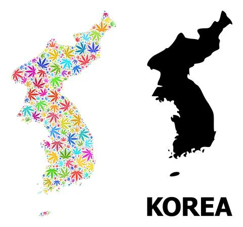 Vector Collage Map of Korea of Psychedelic Cannabis Leaves and Solid Map Stock Illustration
