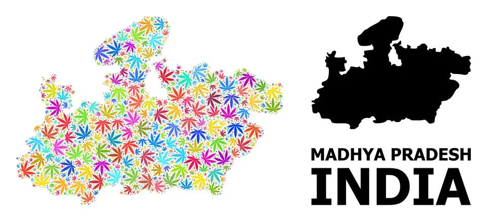 Vector Collage Map of Madhya Pradesh State of Psychedelic Cannabis Leaves and Stock Illustration