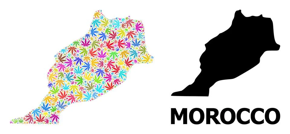 Vector Collage Map of Morocco of Psychedelic Weed Leaves and Solid Map Illustrazione stock