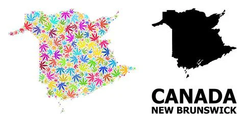 Vector Collage Map of New Brunswick Province of Psychedelic Weed Leaves and Illustrazione stock
