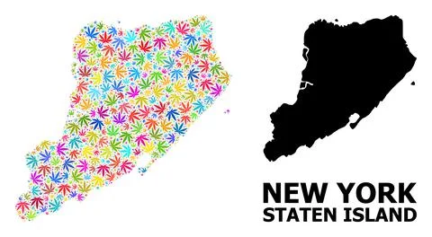 Vector Collage Map of Staten Island of Psychedelic Cannabis Leaves and Solid Map Stock Illustration
