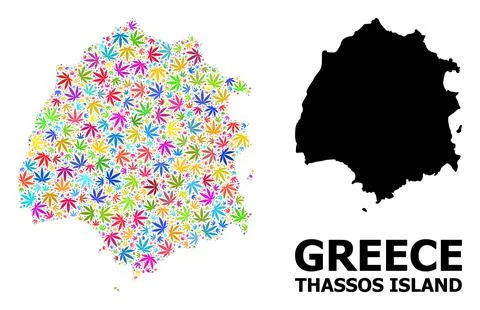 Vector Collage Map of Thassos Island of Colored Weed Leaves and Solid Map 스톡 일러스트