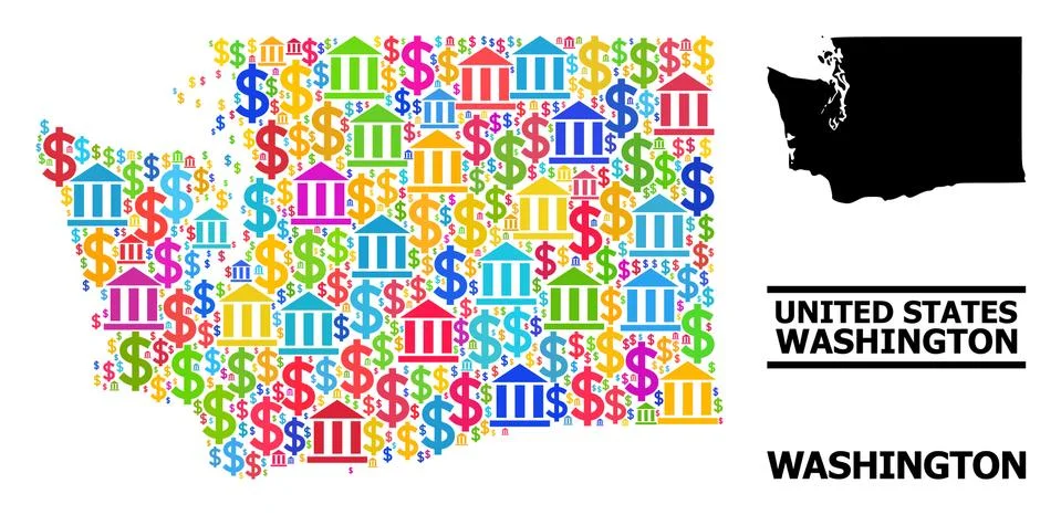Vector Collage Map of Washington State of Banking and Commerce Icons Ilustración de archivo