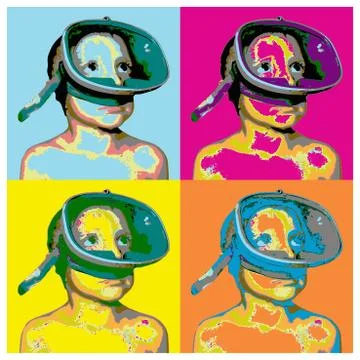 Vector collage in pop art style with a boy in a swimming mask Illustrazione stock