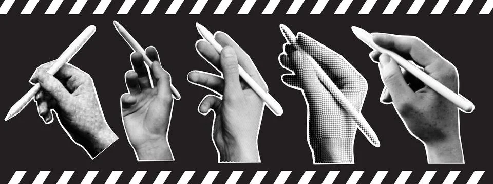 Vector collage set of halftone hands holding pencil. Retro elements in half.. Stock Illustration