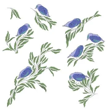 Vector collection of birds on branches Stock Illustration