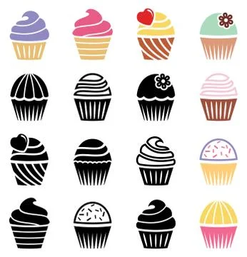 Vector collection of black and white and colorful cupcake icons Stock Illustration