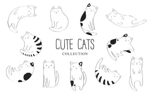 Vector collection of black and white cute cartoon hand drawn cats isolated on Stock Illustration